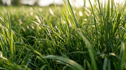 Obraz premium Lush Green Grass in Bright Sunlight Captured at Ground Level, Showcasing Nature's Beauty and Serenity in a Tranquil Outdoor Setting