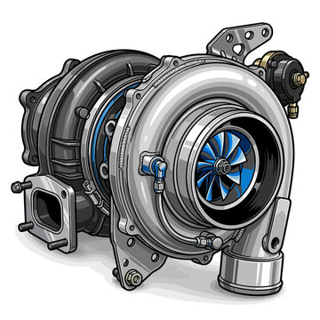 Detailed vector illustration of an automotive turbocharger with a blue compressor wheel.