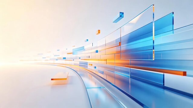 Futuristic abstract technology background with curved arrangement of transparent blue and orange glass rectangular blocks on glossy reflective light surface