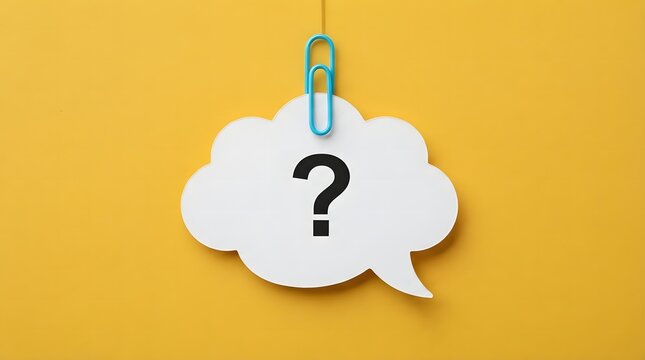 White cloud speech bubble with a black question mark held by a blue paperclip