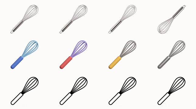 Assorted wire whisks in various colors and styles arranged in a grid with clean lighting isolated on white background