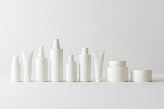 Collection of various empty blank white cosmetic bottles and jars arranged on plain clean white background for skincare branding product mockup concept