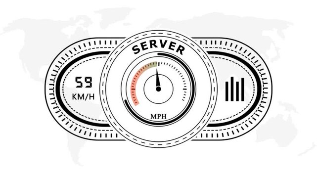 Universal level meter indicator with Server text Animation.Gauge scale meter status performance on white background.Circular speedometer gauge with speed indicators on white background.4k video