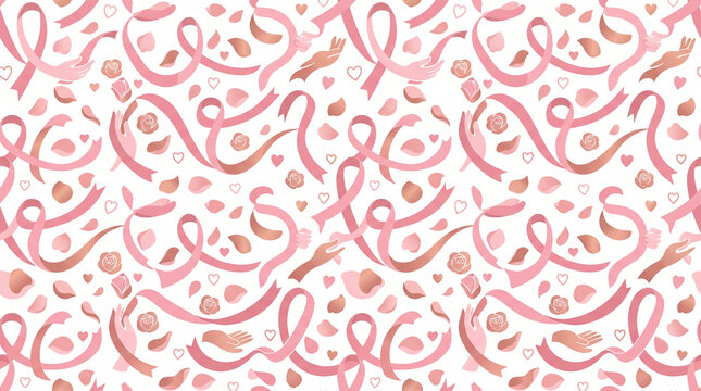 Seamless watercolor pattern with pink ribbons, rose petals, hearts, and hands for breast cancer awareness month