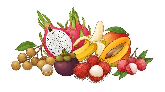 Watercolor illustration of exotic tropical fruits assortment.