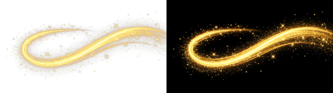 Golden sparkling trail with magic dust, glowing light wave on black and white backgrounds, luxury glitter swirl for holiday celebration and festive design