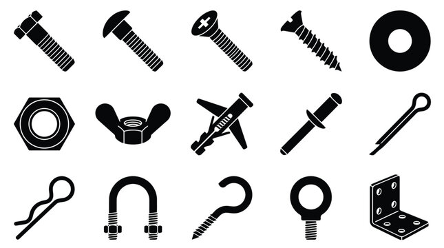Industrial fastener icons set, black hardware bolts and nuts vector collection, 15 metal fixing elements for construction and repair