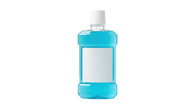 Mouthwash bottle with blue liquid isolated on transparent background
