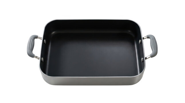 Rectangular nonstick baking pan with grey silicone handles isolated on transparent background