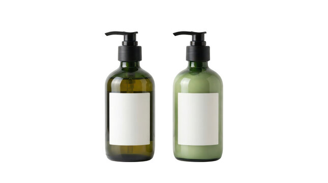 Two cosmetic pump bottles with blank labels isolated on transparent background