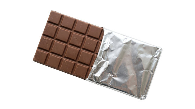 A milk chocolate bar partially unwrapped from its silver foil packaging, isolated on transparent background