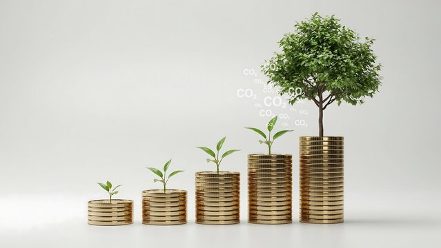 Growing tree on increasing stacks of coins representing financial growth and investment
