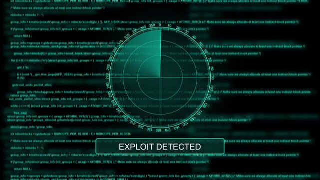 Cyber security exploit detected alert with rotating radar scanner and scrolling programming code background