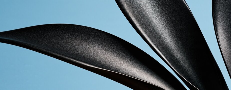 Abstract minimal composition of three textured curved black blade shapes on solid light blue background modern contemporary graphic design
