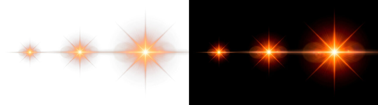 Glowing orange lens flare set, bright starburst light effects on black and white backgrounds, cinematic sun flash elements for photo editing