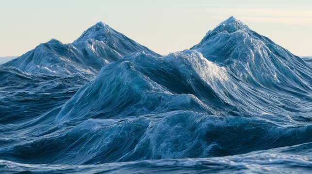 Powerful ocean waves creating dramatic peaks against a serene sky, reflecting light and showcasing the beauty of nature's forces at sea