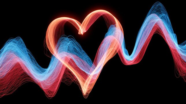 Vibrant Heart Shape Formed by Colorful Light Waves Against a Dark Background for Creative and Artistic Expressions in Design and Technology