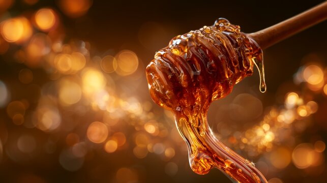 Close-Up View of Dripping Golden Honey on a Honey Dipper with a Soft Bokeh Background in Warm Tones of Light and Color