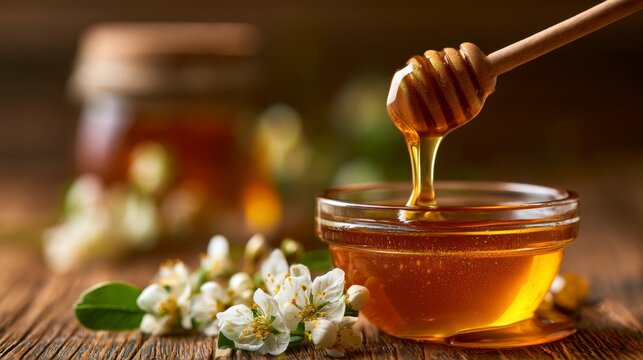 Close-Up View of Honey Dripping from Wooden Dipper into Glass Jar Surrounded by Fresh Blossoms and Natural Elements on Rustic Table