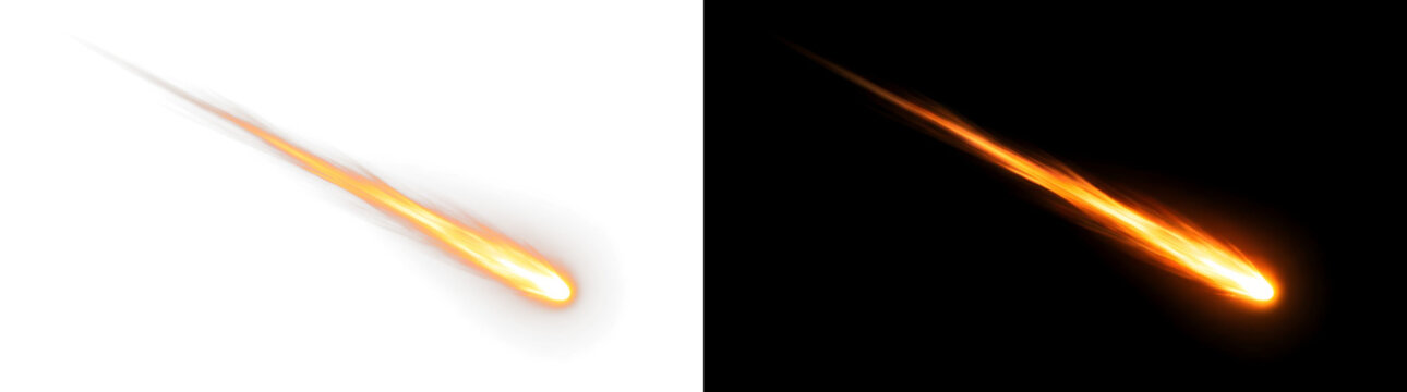Glowing meteor streak with fire trail, burning comet falling through space, orange fireball effect on black and white backgrounds