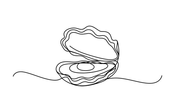 Continuous single line drawing of an open clam shell with a pearl inside