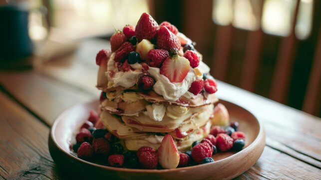 Stacked Pancakes with Fresh Berries and Cream on Rustic Wooden Table in Cozy Caf&eacute; Setting Perfect for Breakfast and Brunch Ideas