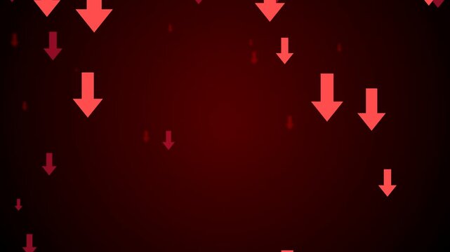 Red downward arrows falling on a dark background representing financial market crash economic recession stock market drop and negative business trends loop.