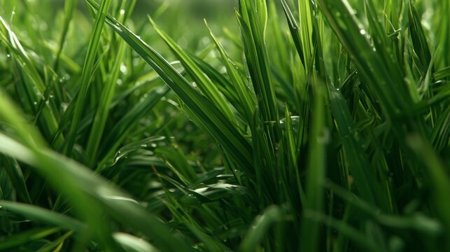Close-Up of Lush Green Grass Blades with Dew Drops Glimmering in Natural Light for Organic and Fresh Nature Background Use