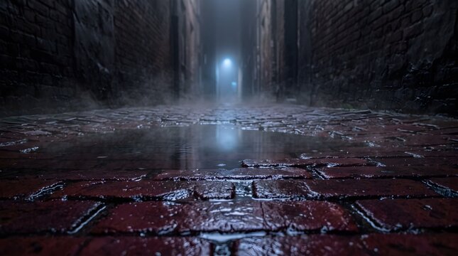 Dark foggy brick alley at night with wet puddle reflection