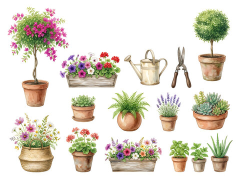 Colorful potted plants and gardening tools illustration
