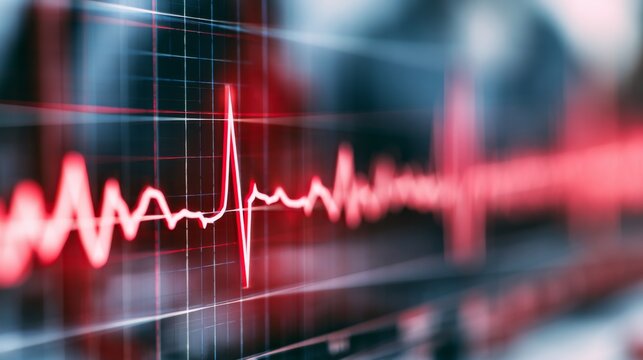 Close-Up View of Electrocardiogram Display Showing Heartbeat Waveform with Red Color Highlights in Modern Medical Setting