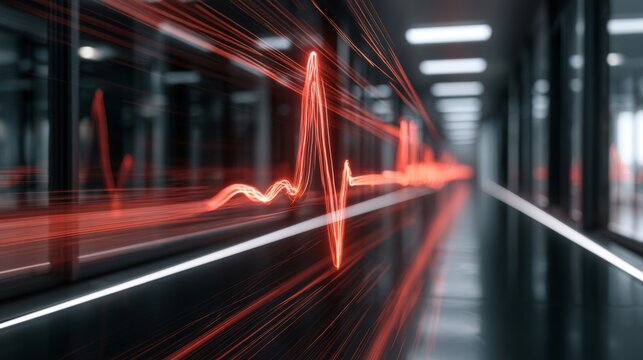 Abstract representation of a heartbeat in a futuristic corridor with vivid red heartbeat lines illustrating rhythm and motion in a digital environment