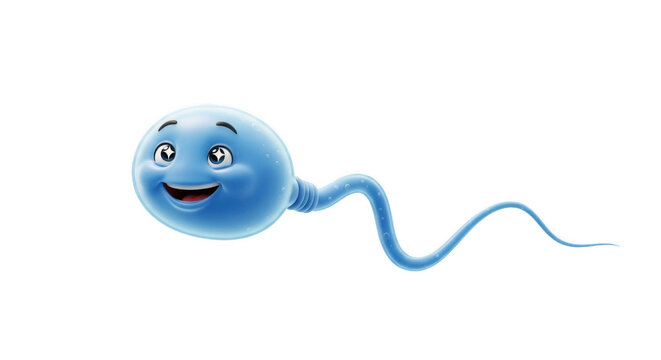 Friendly blue sperm character with smiling face, cute cartoon spermatozoon mascot, happy reproductive cell illustration for health education