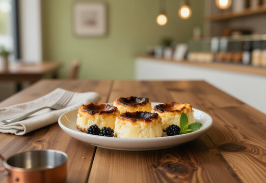 Mini Basque cheesecakes resting flat on a ceramic styling plate with b