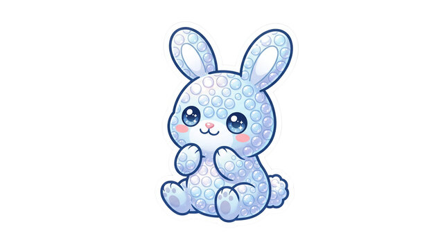 Kawaii bubble bunny character, cute pastel blue rabbit illustration, whimsical iridescent animal mascot on white background, adorable nursery art