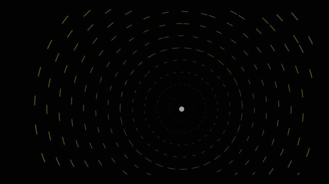 Abstract tunnel motion background featuring rotating concentric dashed circles and glowing dots in vibrant multicolor loop creating hypnotic tunnel depth effect on black backdrop