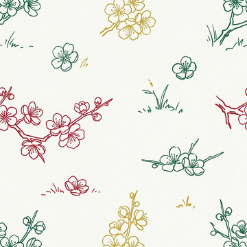 Line Art Plum Blossom Seamless Pattern in Emerald and Vermilion Minimal Line Art Lunar New Year Background