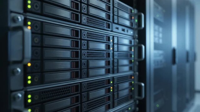 Modern server rack in a high-tech data center with glowing status lights, representing cloud computing and network database storage