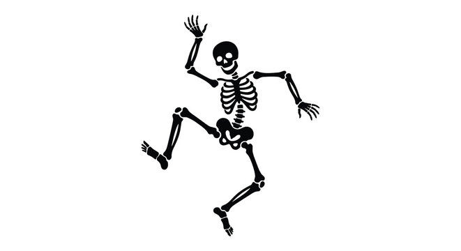 A black silhouette of a human skeleton dynamically posed against a white background silhouette