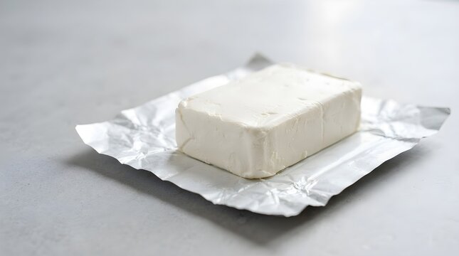 Unwrapped rectangular white soft dairy product block on silver foil, culinary ingredient