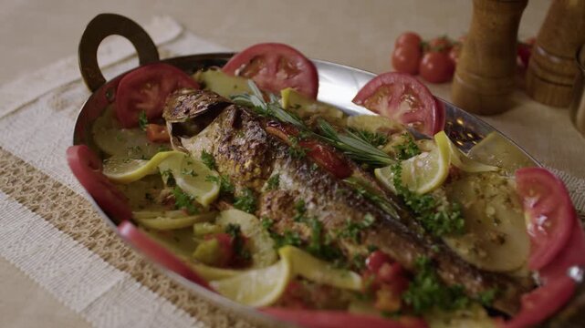 Baked whole fish garnished with lemon, tomato, and herbs on a traditional tray