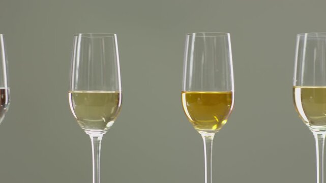 Smooth dolly camera movement revealing a line of tasting glasses filled with different varieties of Mexican tequila, ranging from clear blanco to aged amber a&ntilde;ejo