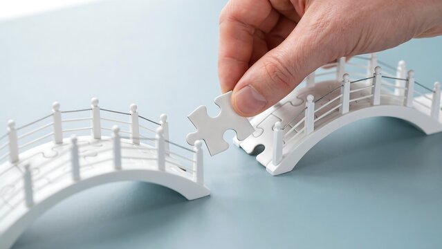 Business strategy concept with a hand placing a puzzle piece to complete a bridge, representing connection, planning, and problem solving