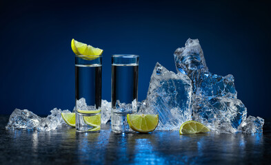 Shot glasses of vodka with lime slices and ice shards on a dark blue background. © Igor Normann
