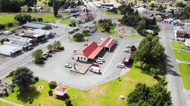 Lumsden small town with old train station and Southland landscape, aerial New Zealand