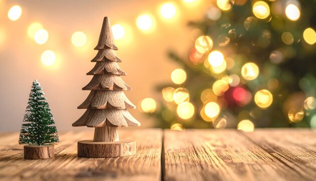 &Aacute;rboles de Navidad decorativos de madera sobre una mesa con luces navide&ntilde;as desenfocadas y &aacute;rbol iluminado al fondo