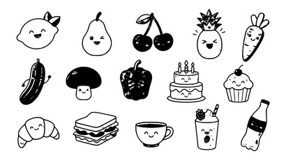 Fototapeta premium Flat food and beverage emoji icon pack with fruits vegetables cakes and drinks