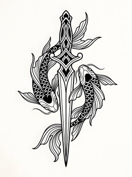 Koi dagger tattoo flash illustrattion