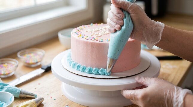 Baker hands decorating pink birthday cake with blue icing piping bag
