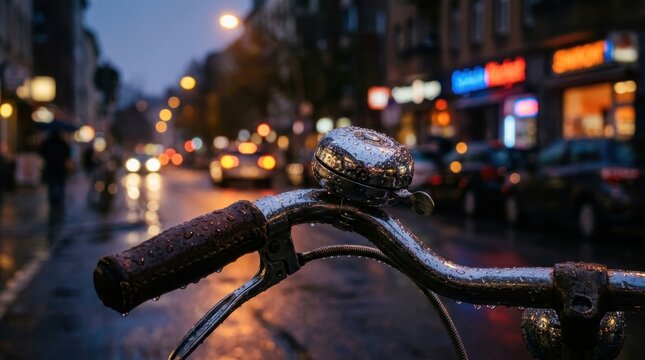 Wet bicycle handlebar and bell parked in a rainy city street at night